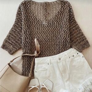 Breathable Crochet Knit Women's Top in Taupe